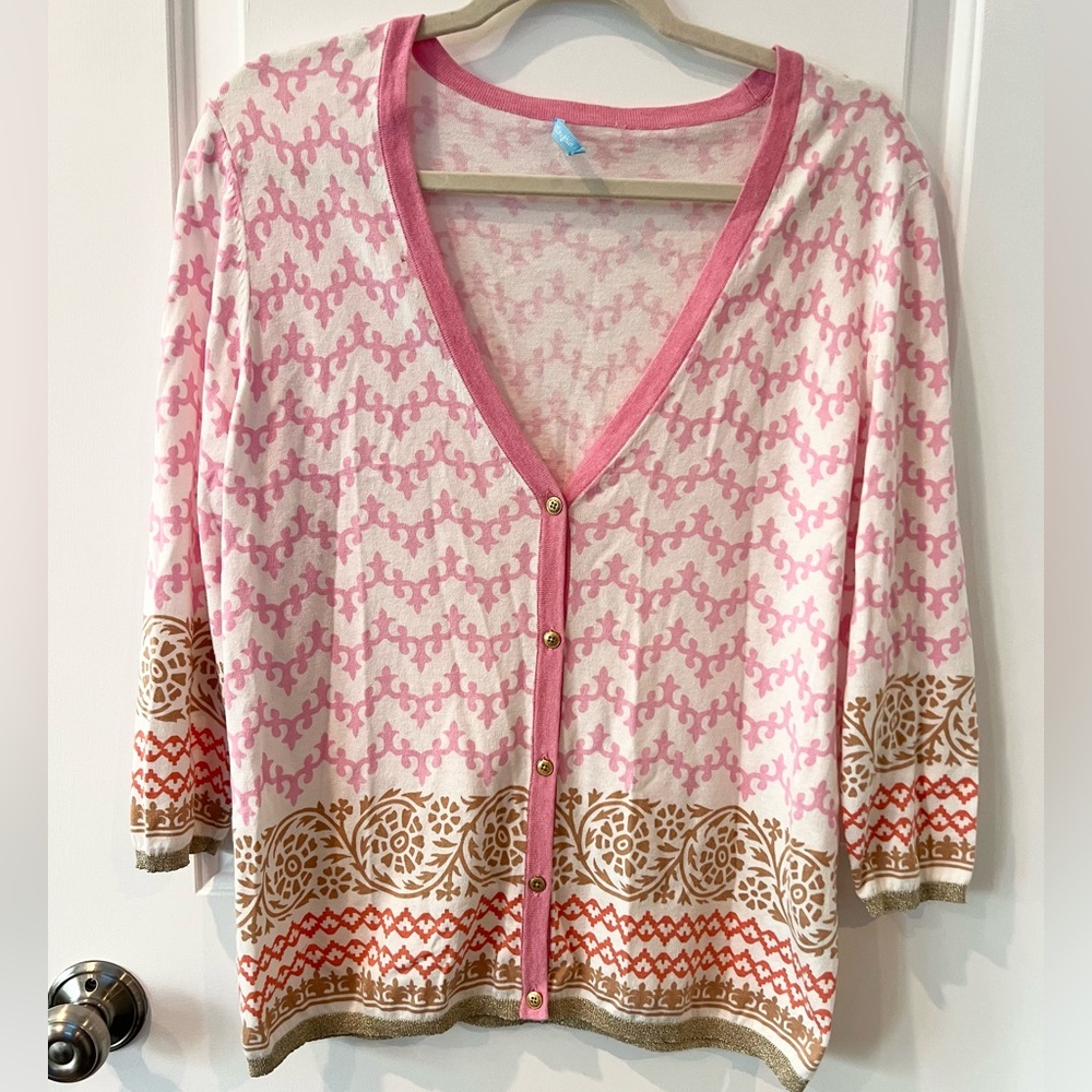 J. McLaughlin Sweater Cardigan Button Down Long Sleeve | Pink/white/gold | Large